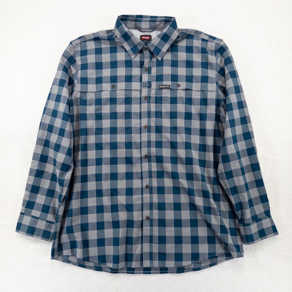 Wrangler Men's Outdoor Long Sleeve Utility Camp Shirt XL Blue Plaid Tab Sleeve